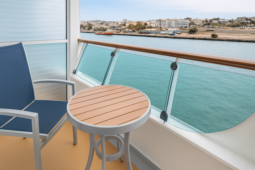 Private balcony cruise cabin with chair and small table overlooking calm ocean water near port.