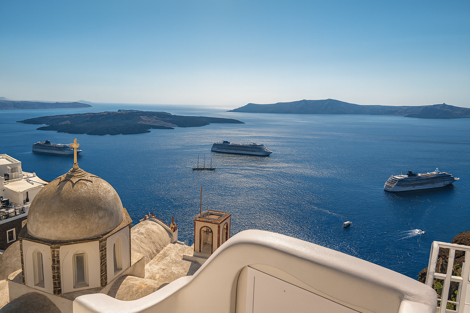 Large cruise ships anchored off Santorini, Greece with white domed church in foreground