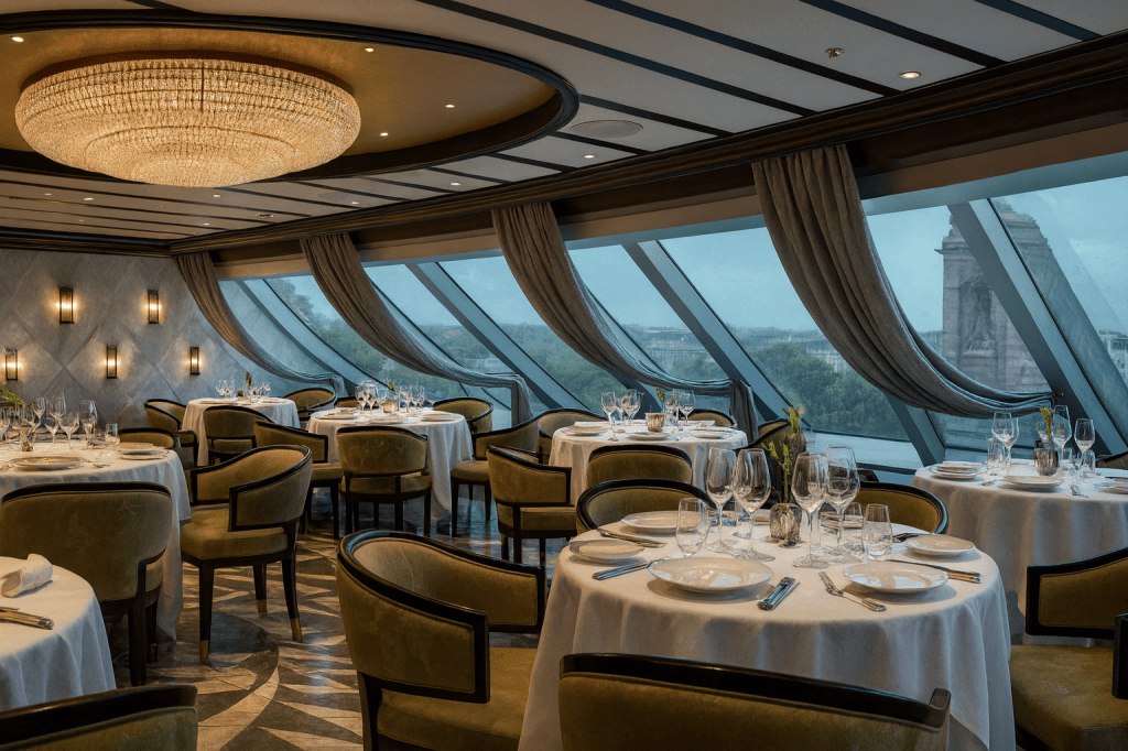 Elegant small cruise ship dining room with round tables and panoramic windows