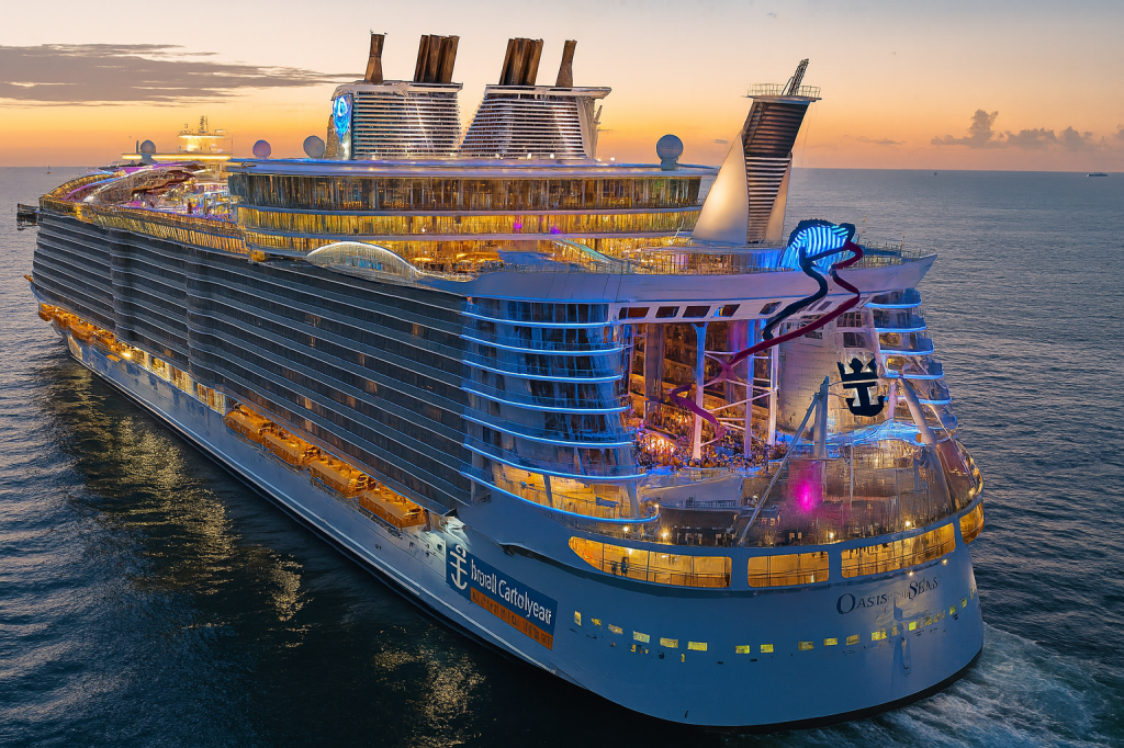 Large modern cruise ship sailing at sunset with illuminated upper decks