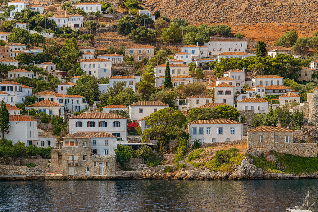 Traditional Greek coastal village with white stone houses and terracotta roofs by the sea