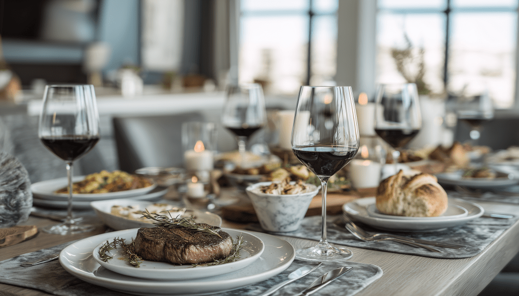 Steak dinner with red wine served in cruise ship specialty restaurant