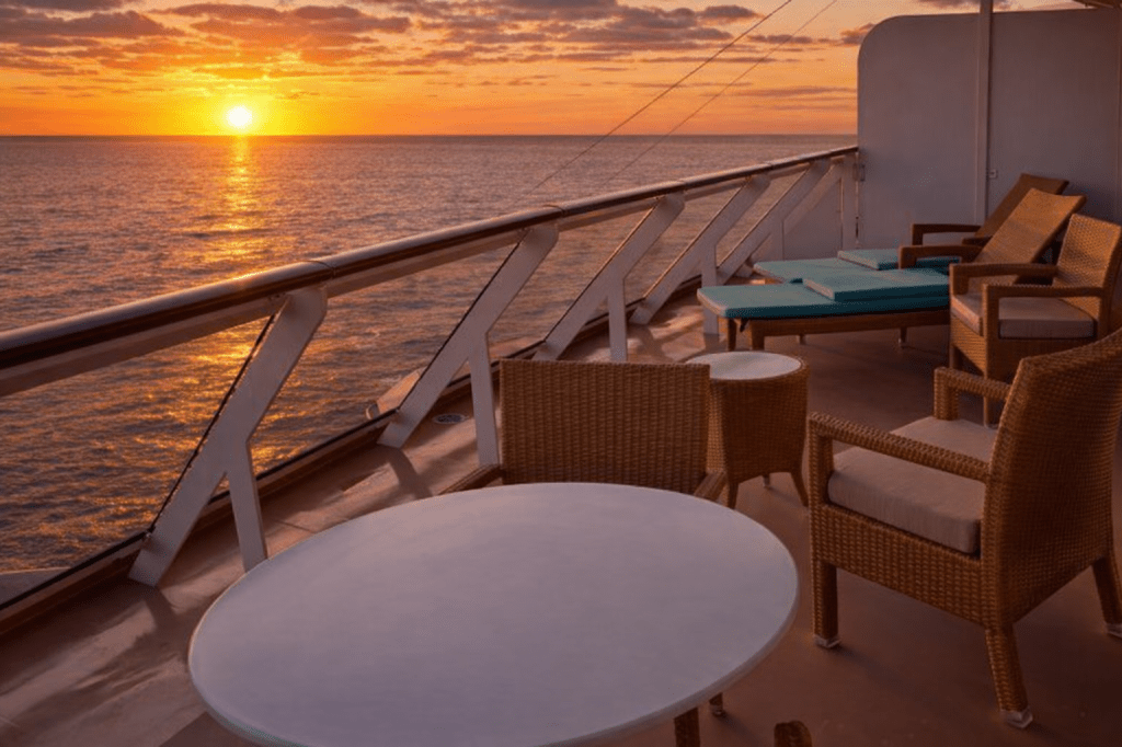 relaxing balcony sea day Mediterranean cruise sunset ocean view